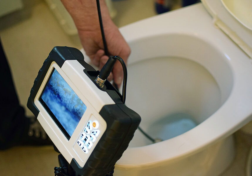 Checking clogged toilet pipe with inspection camera.